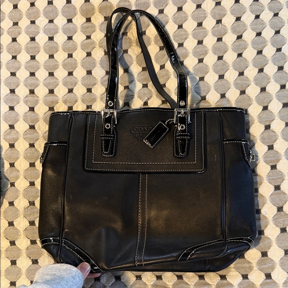 Coach Black Leather Tote with Contrast Stitching
